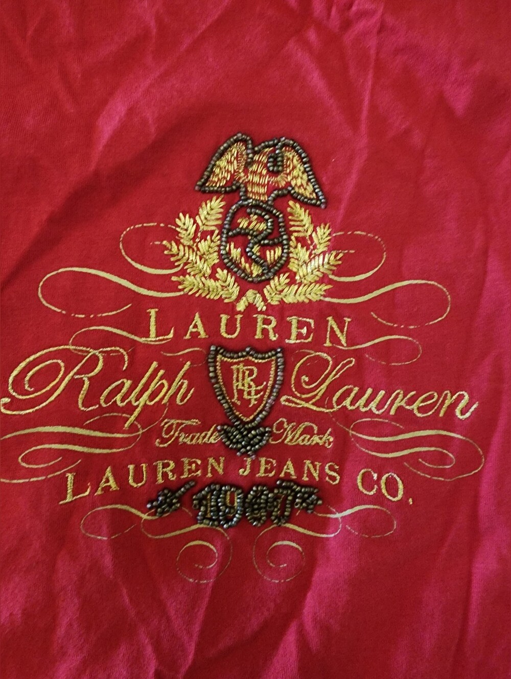 RARE VTG Ralph Lauren Crest Embroidery Beads Womens M PETITE Long Sleeve T Shirt